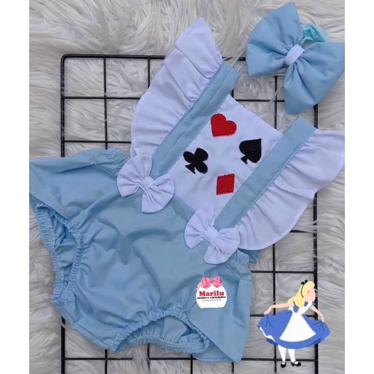 Jardineira Romper  Alice no país das maravilhas - Roupa Infantil de Bebê Menina