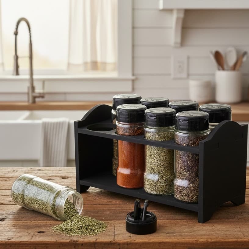 Organizador de Temperos e Condimentos em Madeira - Suporte para 8 Potes 130ml