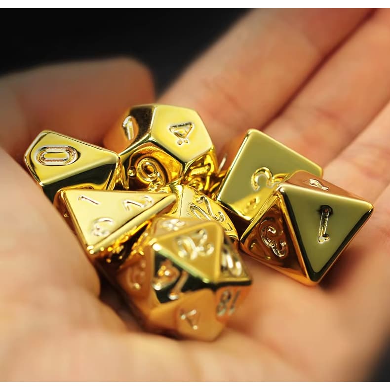 Conjunto kit de 7 dados dourados ouro para rpg ded dungeons and dragons
