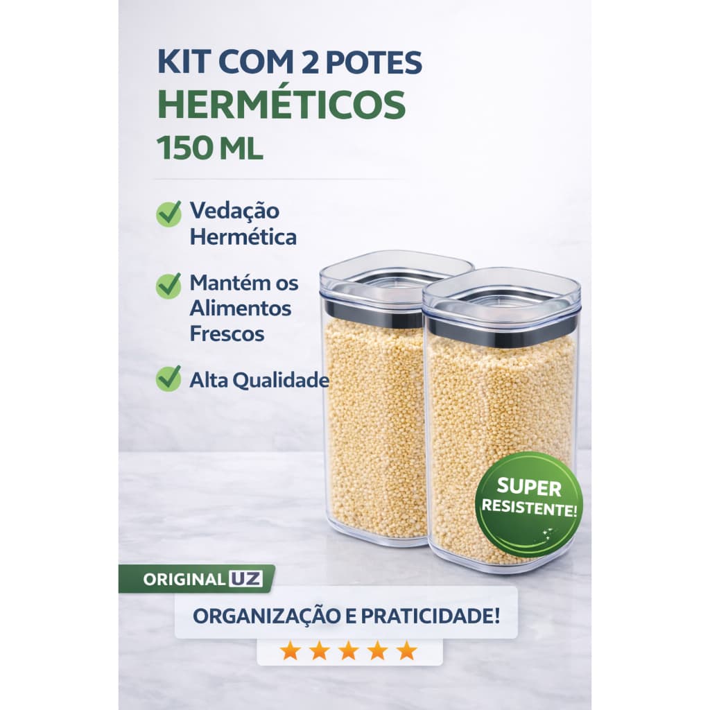 Kit Potes Herméticos 150ml Acrílico UZ Porta Mantimentos Empilháveis Cozinha Dispensa