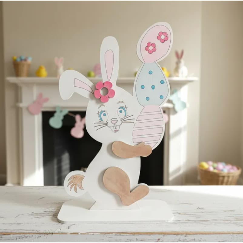 Decoração Coelhinho De Páscoa Mdf De 3mm Pintado A Mão Com Base para ficar de pé