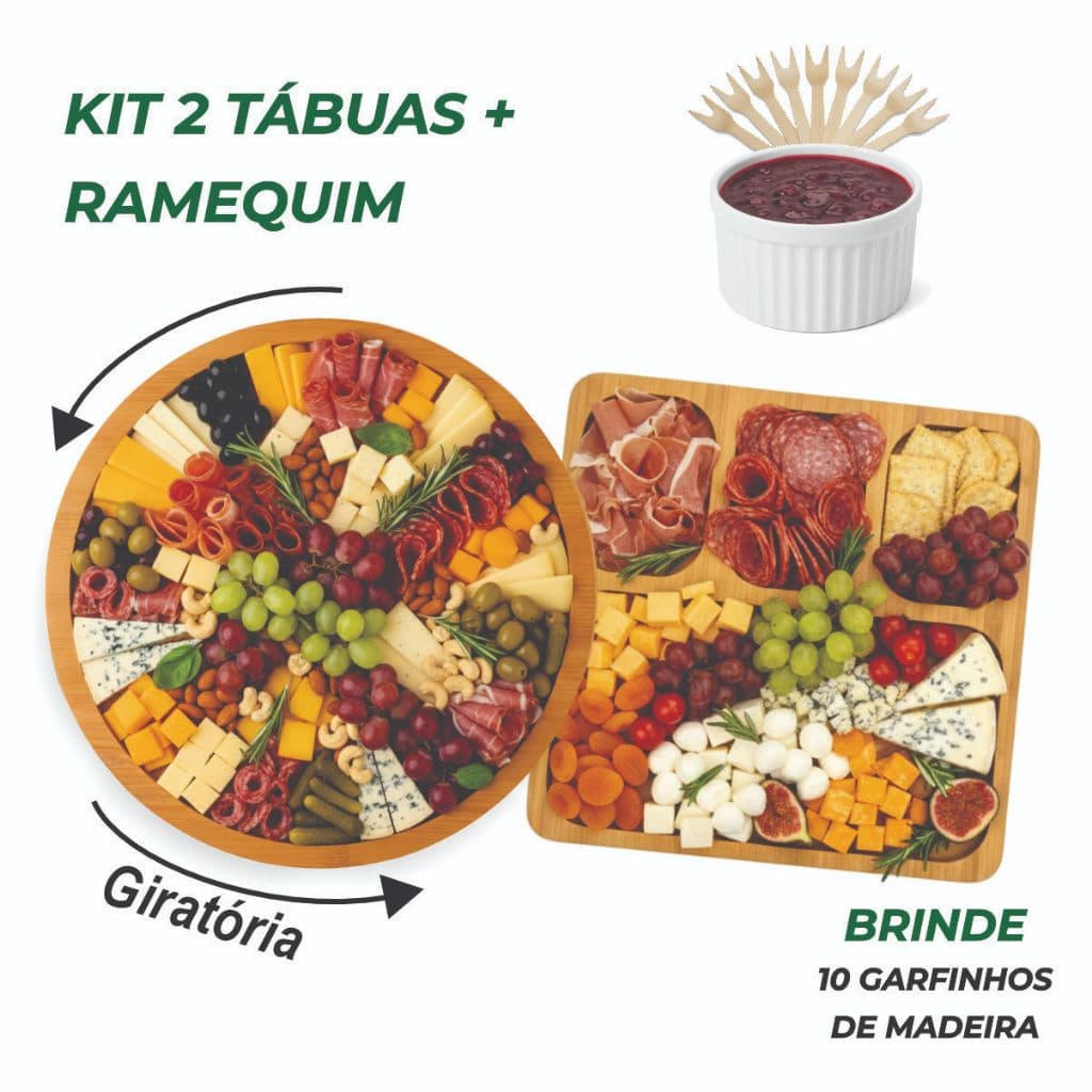 Kit 2 Petisqueira Redonda Giratória + Tábua Quadrada com Ramequim P/ Petiscos Frios e Queijo