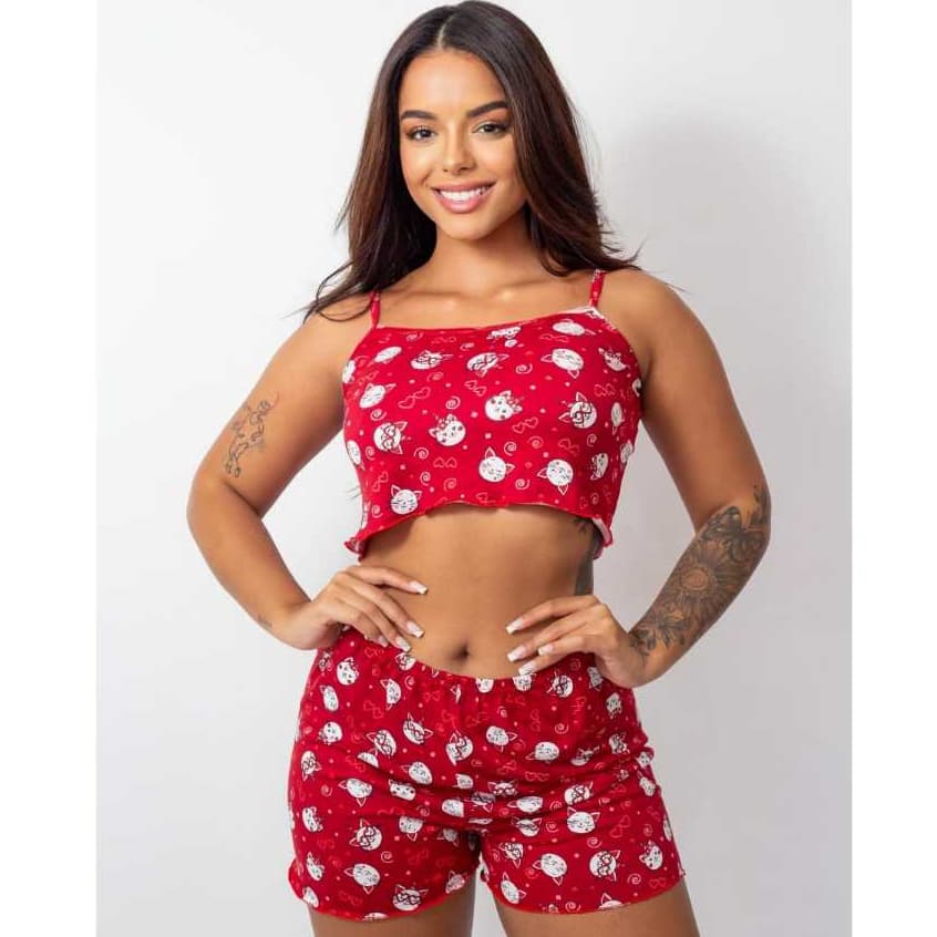 Baby Doll Short de Dormir Pijama Vermelho Verão Estampado Feminino Roupa Linha Noite Fresquinho