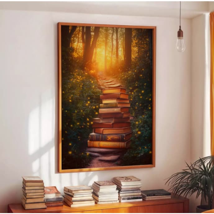 Quadro Decorativo: Livros, Caminhos da Leitura, Imaginação, Natureza, Decoração, Modernidade, ouro..