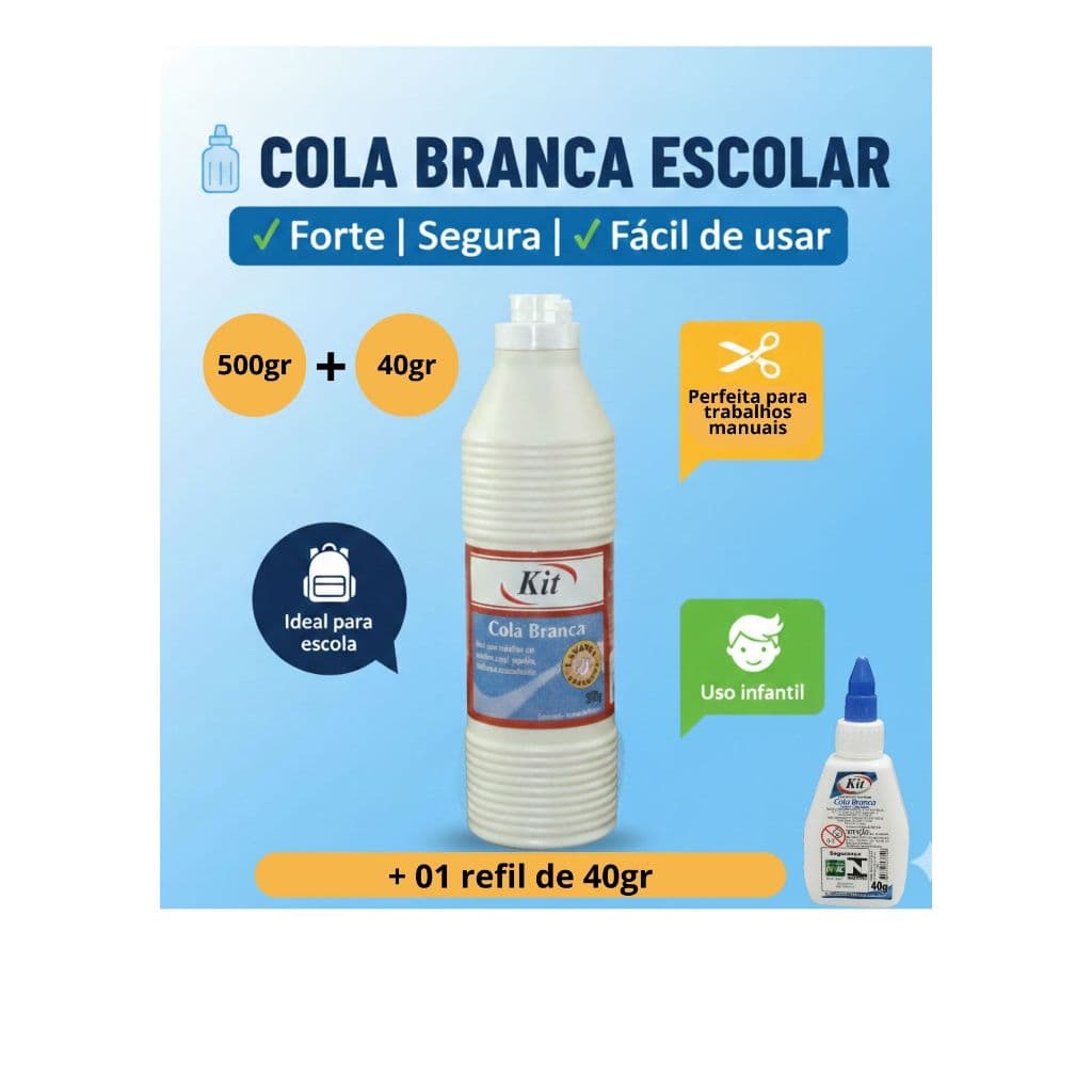 Cola Branca 500gr + 40gr Liquida Lavável Material Escolar Artesanato Promoção