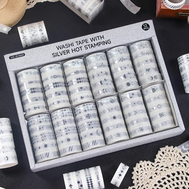 Kit com 5/10 Washi Tapes Prata | Fitas Decorativas para Presentes e Scrapbook