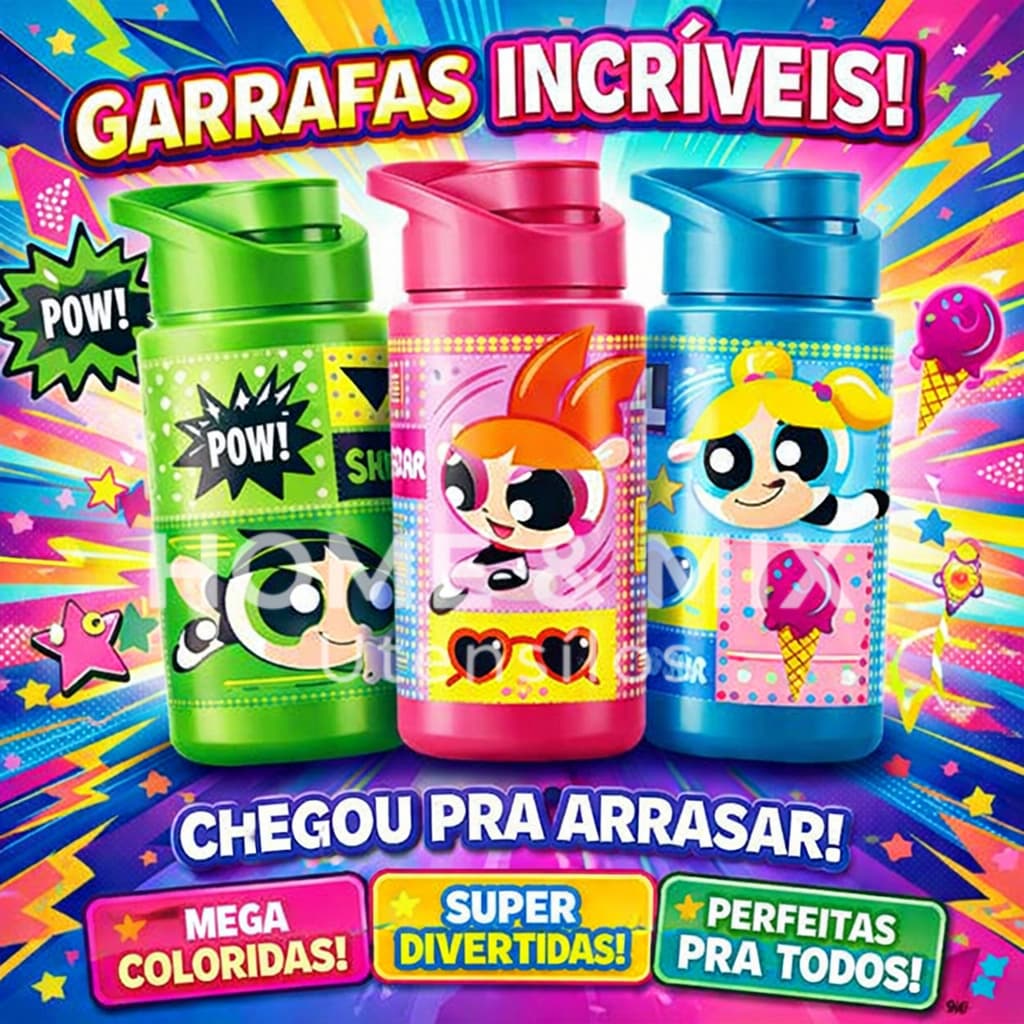 Garrafinha de Água Squeeze Meninas Super Poderosas Florzinha/Lindinha/Docinho 500ml Volta Aulas