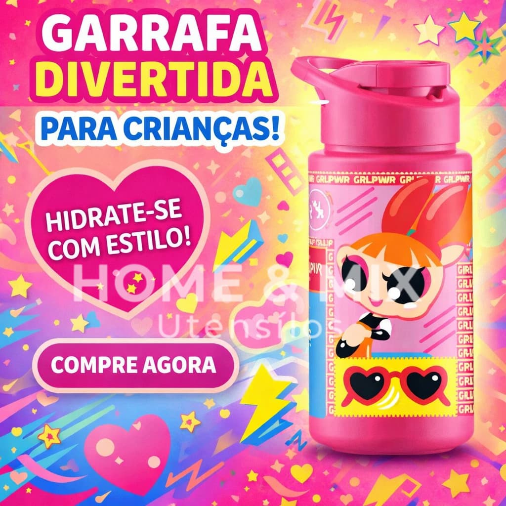 Squeeze Garrafinha Meninas Super Poderosas Florzinha Rosa 500ml Plástico Livre de BPA Creché Escolar