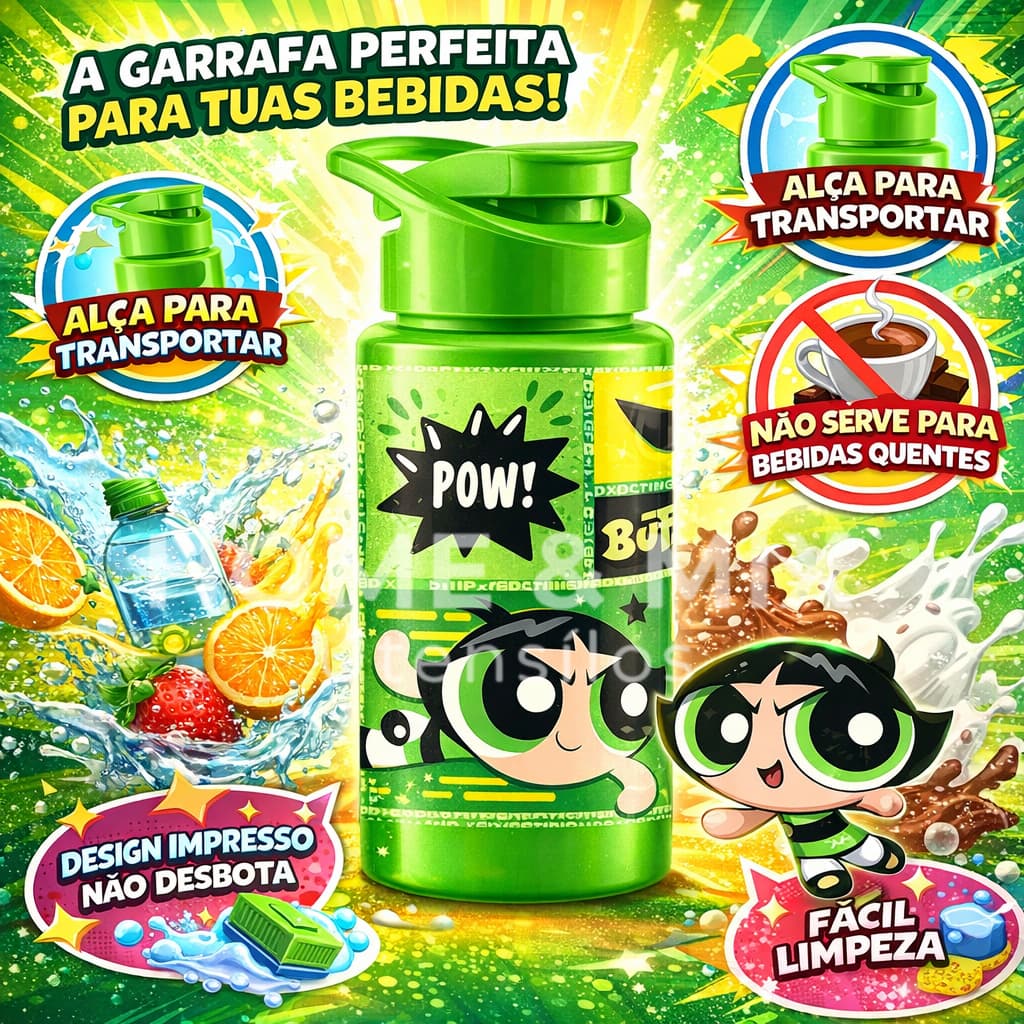 Squeeze Garrafinha Meninas Super Poderosas Docinho Verde 500ml Plástico Livre de BPA Creché Escolar