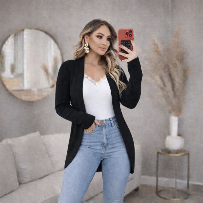 Cardigan Tricot de Lã Elegante Canelado DLA Style Veste 36 a 44