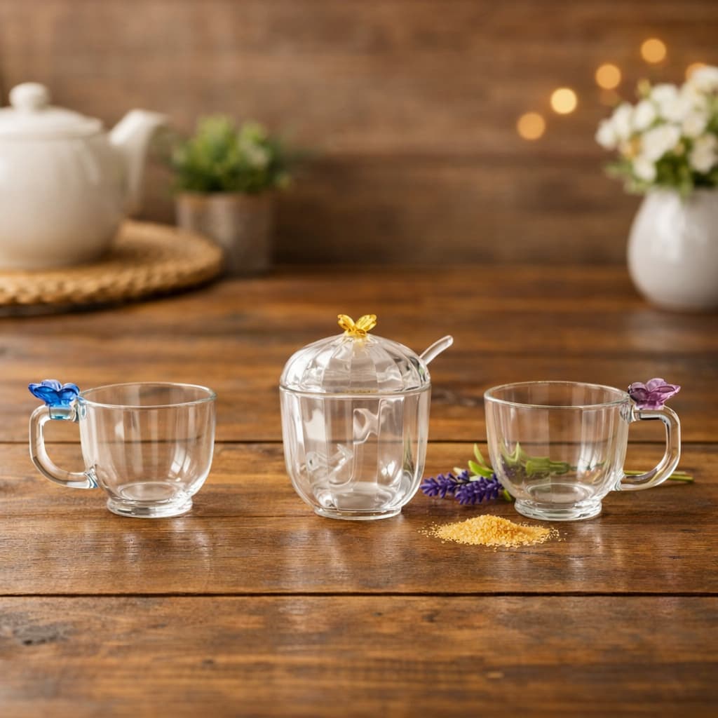 Kit Café Cristal Lyor Butterfly: Açucareiro Com Colher + 2 Xícaras Borboleta