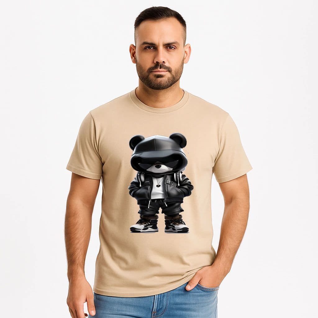 Camiseta Masculina 100% Algodão fio 30.1 Penteado confortável e macio Estampa Urso BOLADÃO