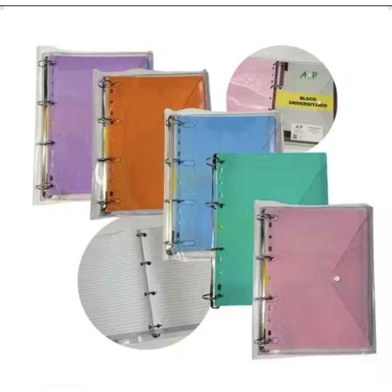 Fichário Universitário Argolado Capa Cristal Transparente com Bloco Caderno Volta às Aulas