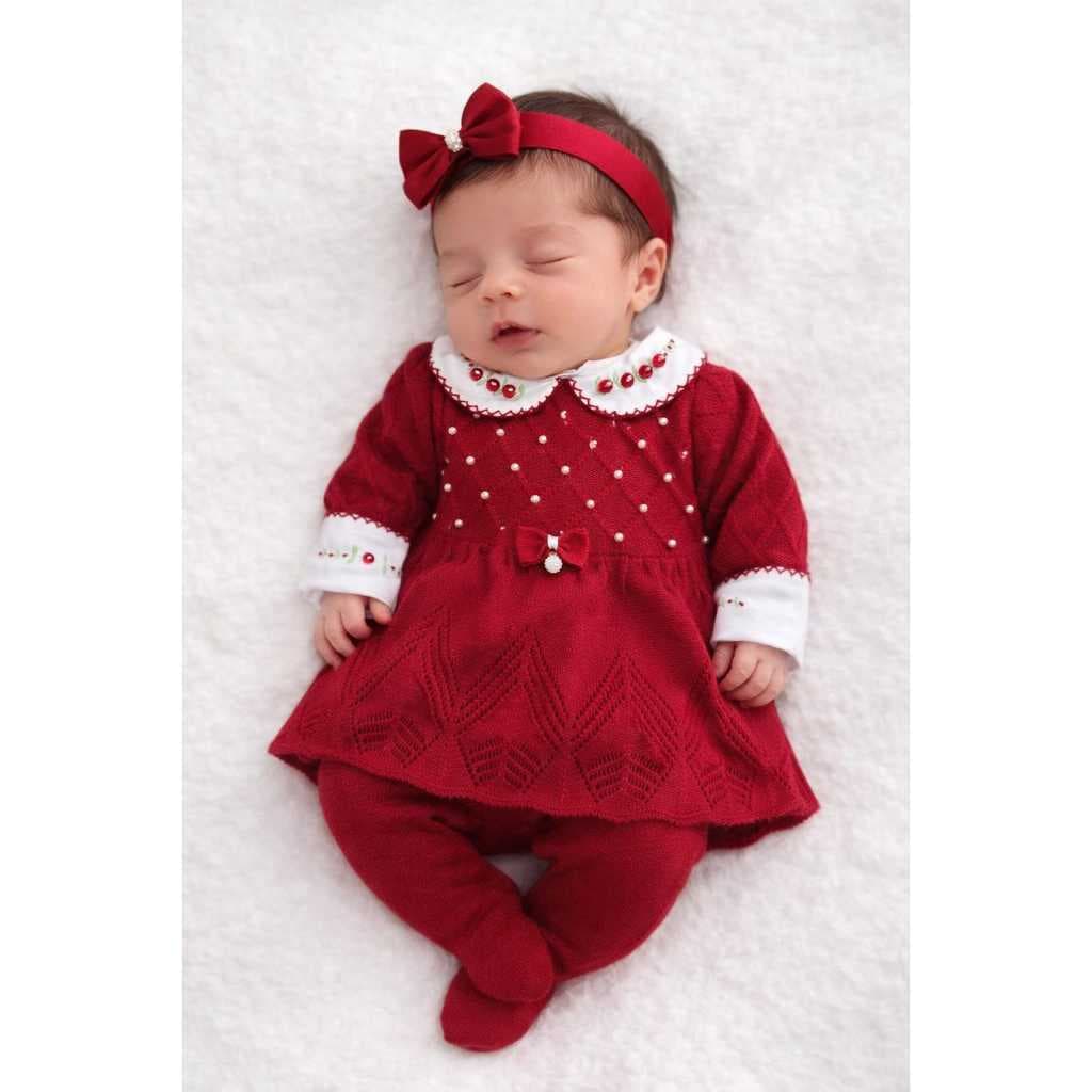 Conjunto maternidade Vestido Tricot Alice RN bebê Mais body rococó bordados a mão
