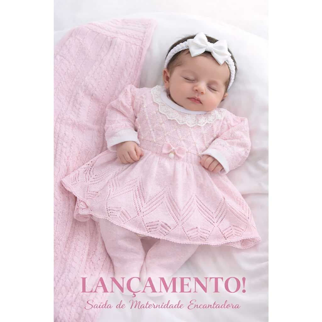 Kit Saída Maternidade Menina luxo Tricô bordado perolas Vestido Calça Manta Body Tiara
