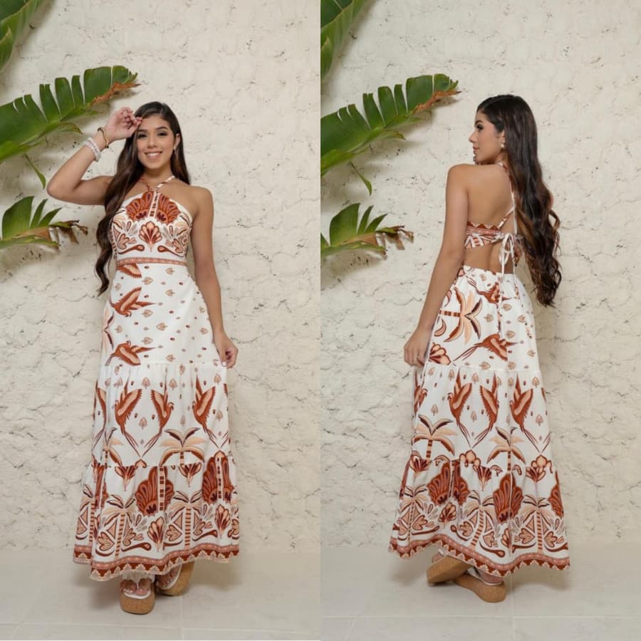 Vestido longo com amarração nas costas - estampa tropical juvenil 12/14/16