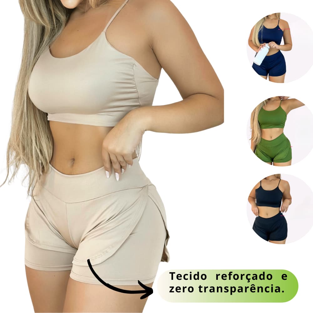 Conjunto Fitness Feminino – Cropped Alça Fina com Short Sobreposto, Confortável e Estiloso