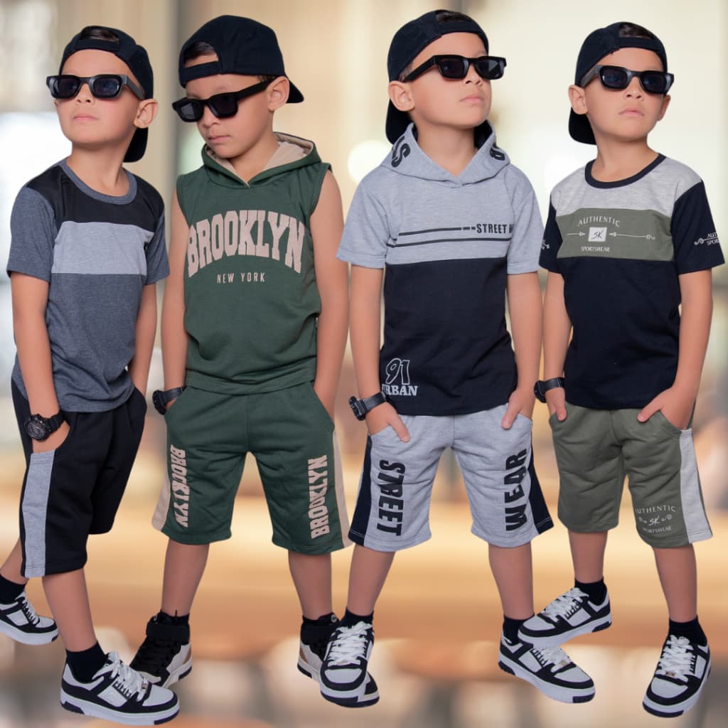 Kit com 4 Conjuntos Menino Infantil Juvenil Estiloso Top Premium Blusa + Bermuda