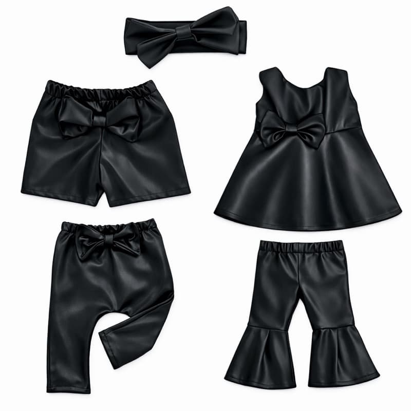 Kit 5 Peças Bebê Menina Cirrê Couro Ecológico Vestido + Calças + Shorts + Faixa P M G roupinha baby