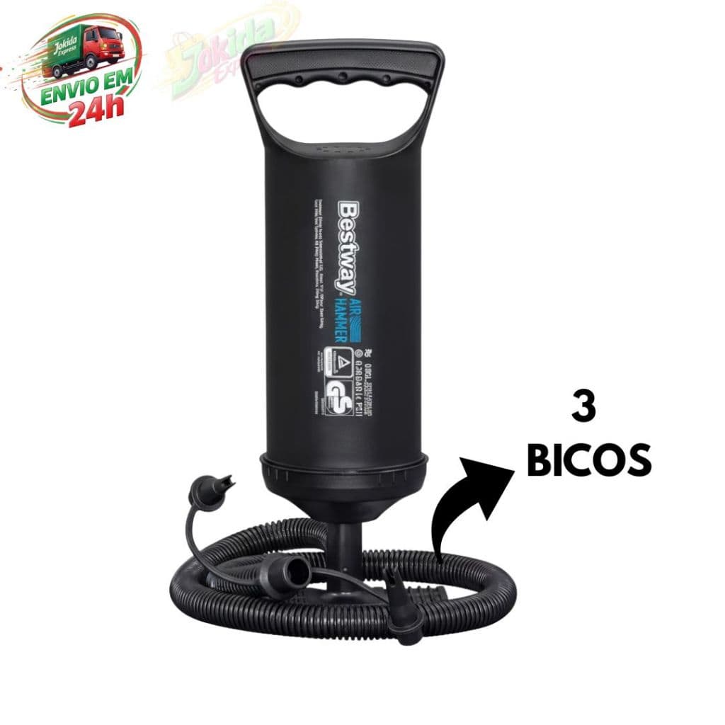 Bomba de Ar Manual 30cm Com 3 Bicos Cor Preta Bestway 850 mL Infle Piscinas, Colchões e Infláveis Rápido e Fácil