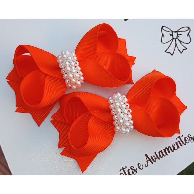 Parzinho de laços infantil laranja com pérolas