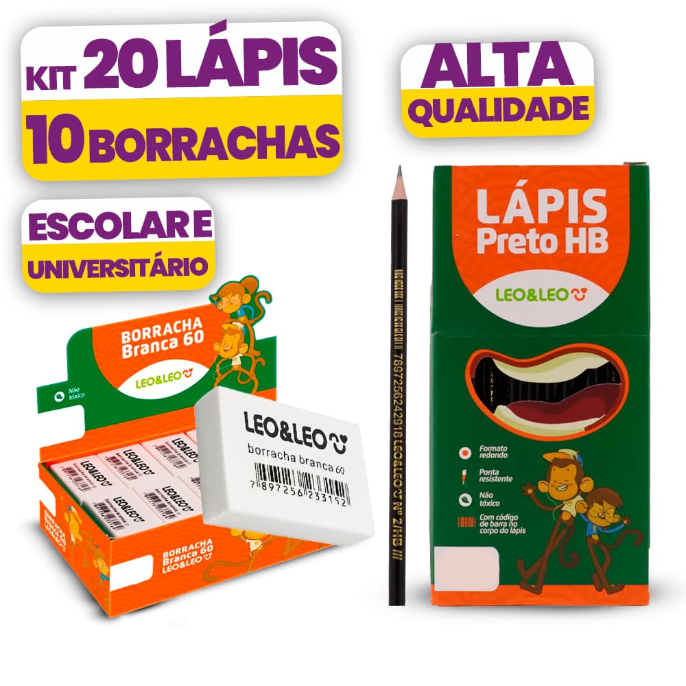 Kit Escolar Lapis HB Leo e Leo com Borracha BR60 para Escola