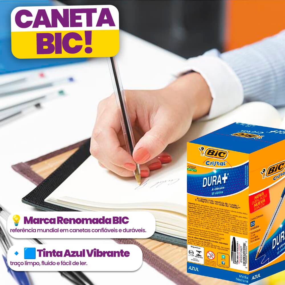 Caneta Azul BIC Cristal Dura+ Esferográfica, 10, 25 ou 50 Un