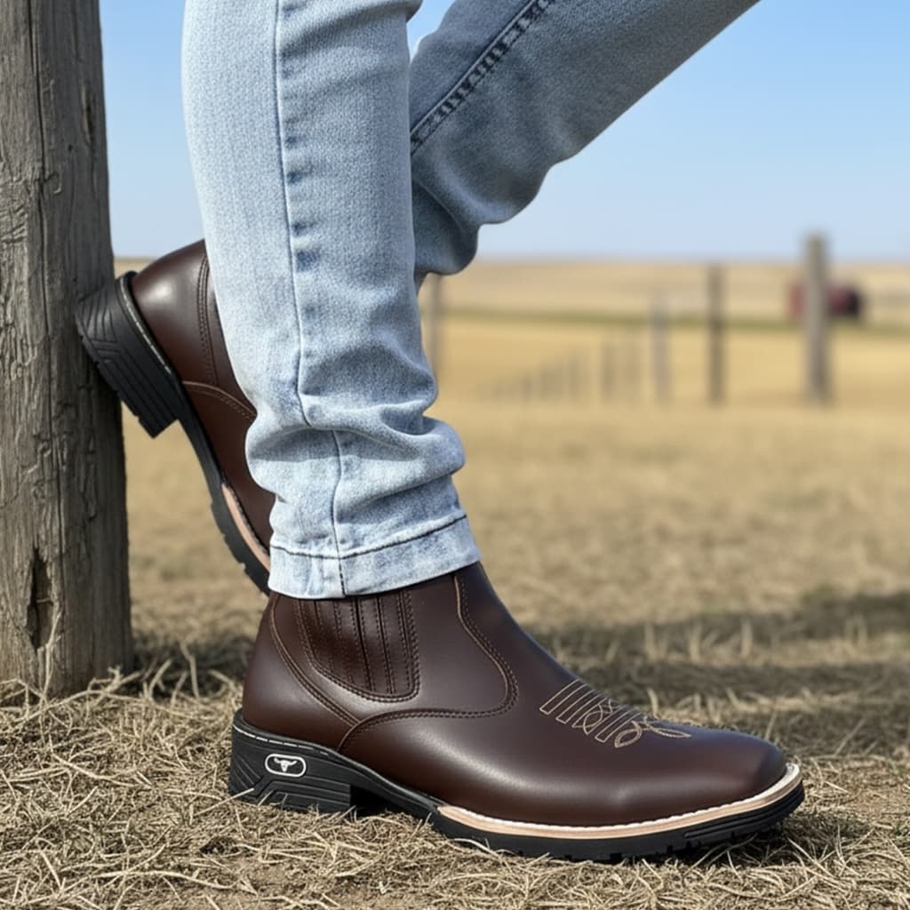Botina Texana Masculina Bota Country Bico Quadrado Cowboy Bordada Couro Sintético Premium Costurada