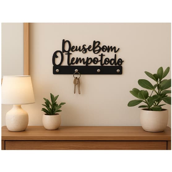 Porta-Chaves MDF Preto Deus é Bom o Tempo Todo Decorativo