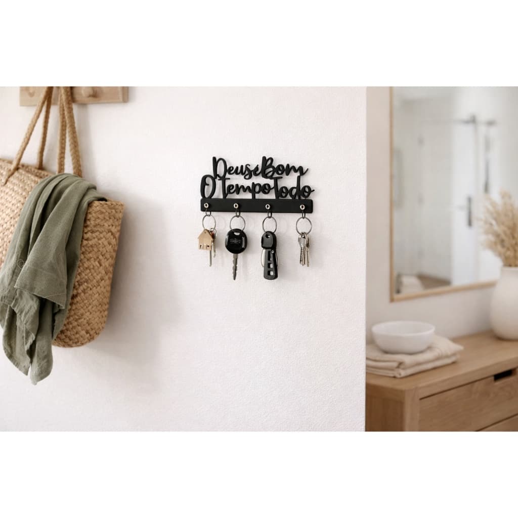 Porta Chaves Decorativo MDF Preto Deus é Bom o Tempo Todo Parede