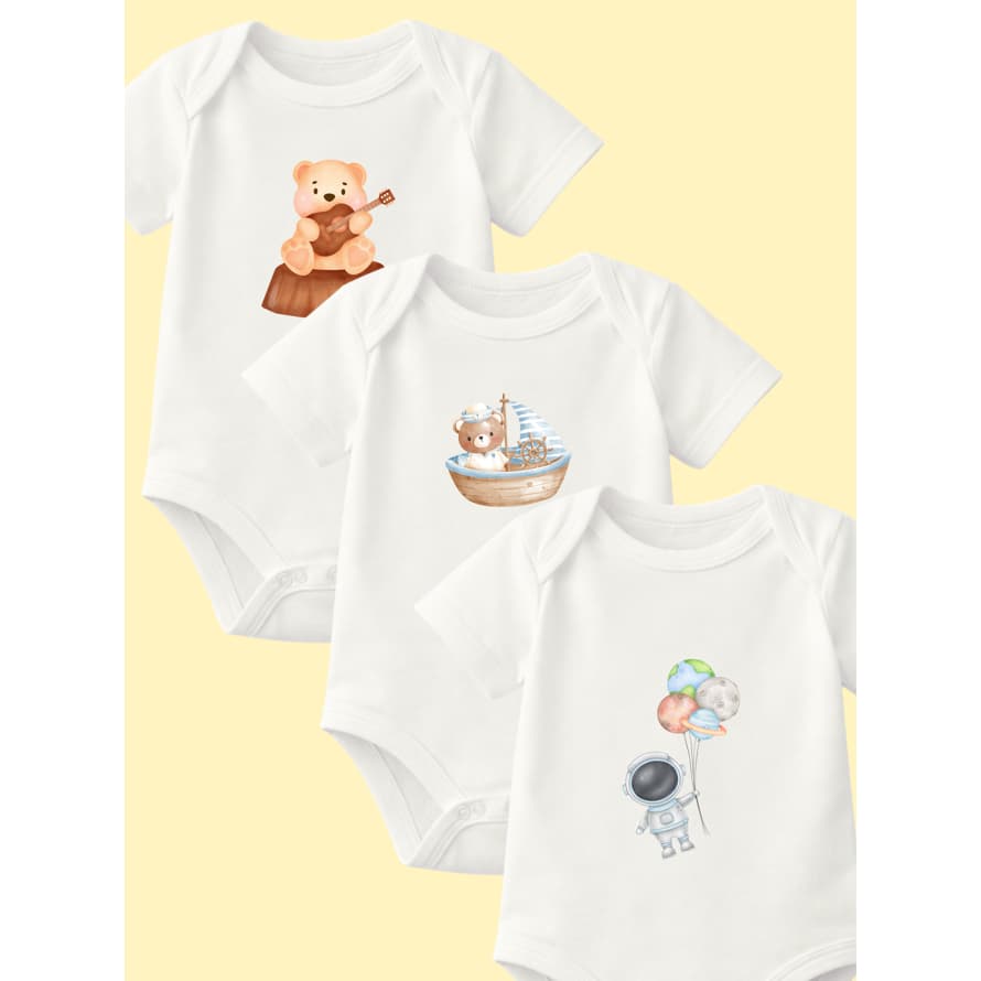 KIT 3 BODY MACACAO BEBE BRANCO PERSONALISADO DESENHO UNISSEX 1 A 12 MESES