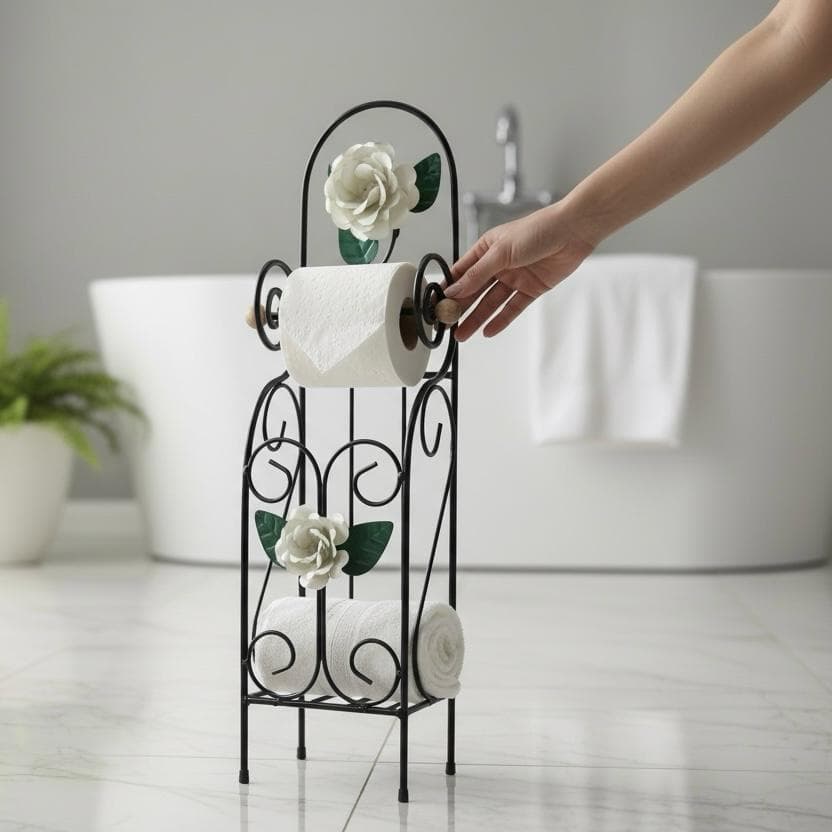 Porta Papel Higiênico chão em Ferro com Flores Suporte de Chão Artesanal Banheiro item decorativo