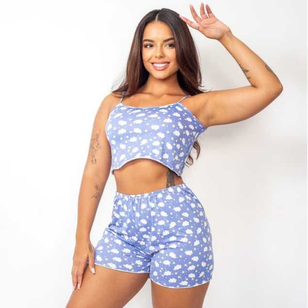 Baby Doll Short de Dormir Pijama Azul Verão Estampado Feminino Fresquinho Confortavel Macio Elegante