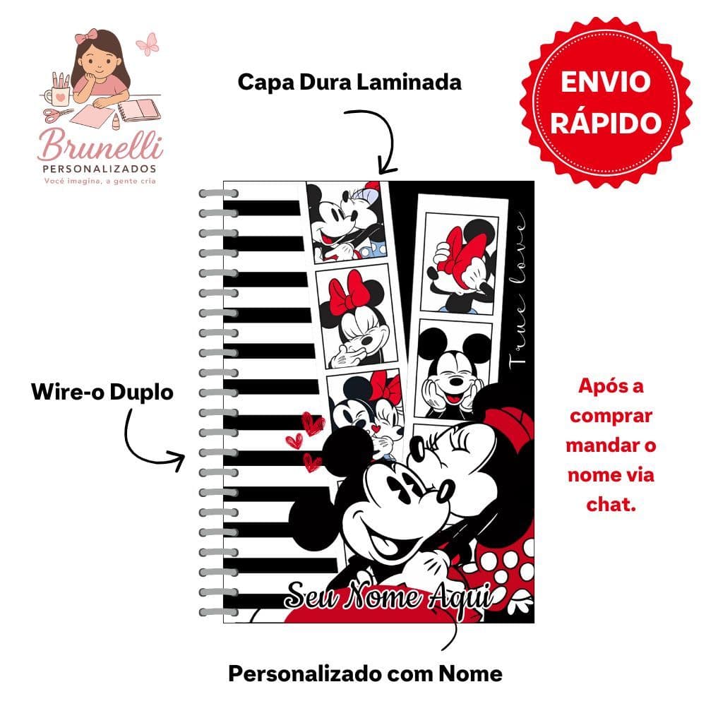 Caderno 10 Matérias Minnie e Mickey Personalizado com adesivo.