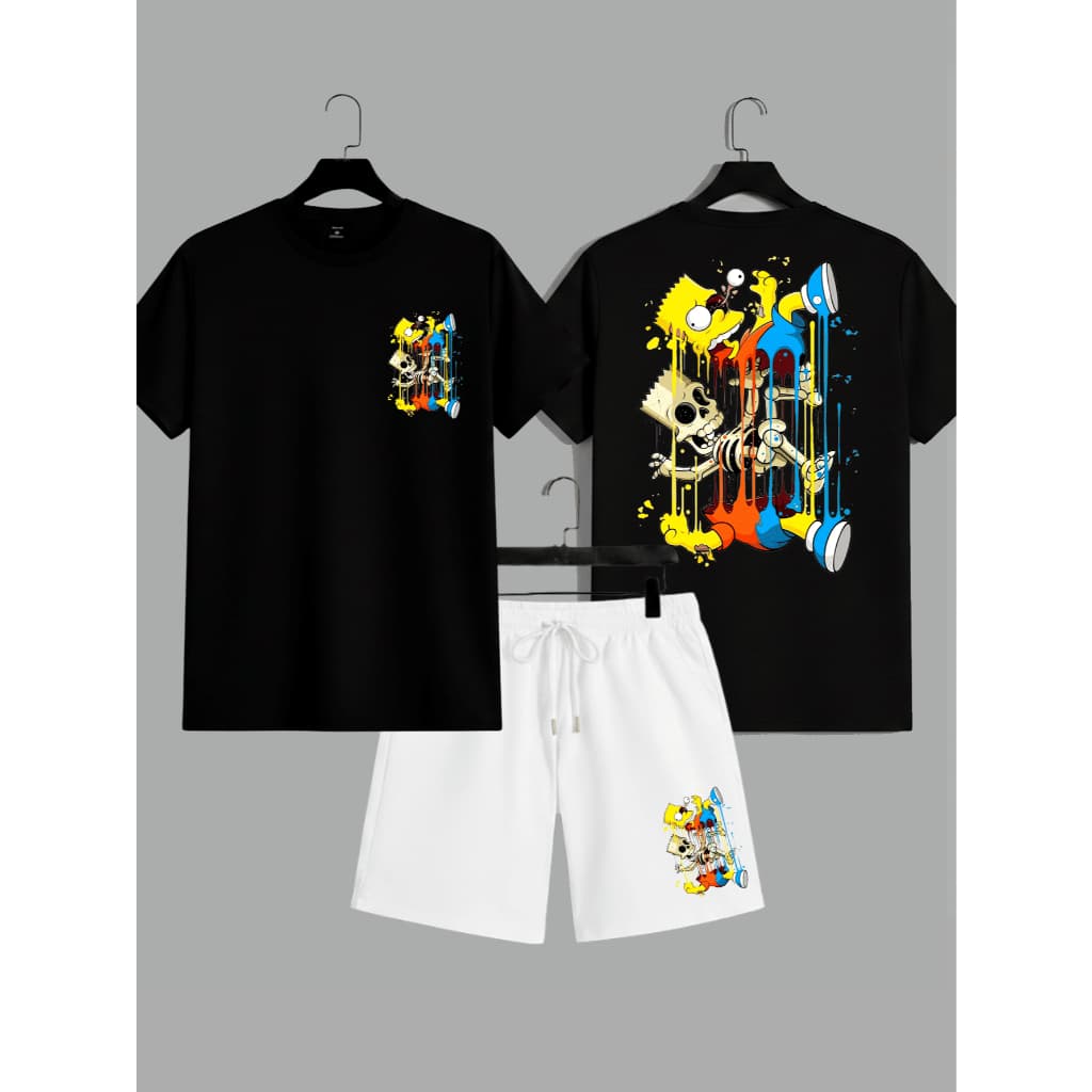 Kit Camiseta Masculina + Shorts De Tactel Bermuda Bart Personagem Desenho Bermuda Varias Cores Confortavel Casual