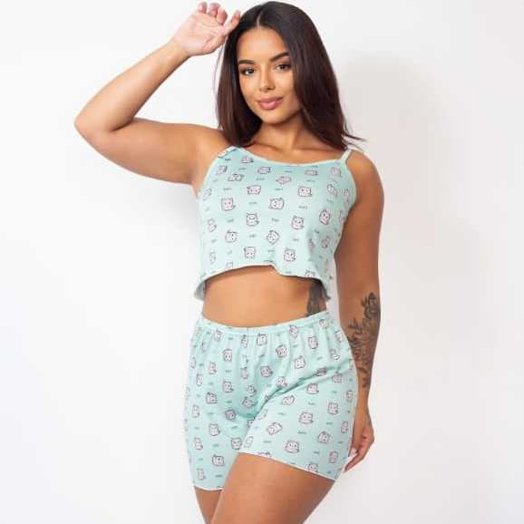 Baby Doll Short de Dormir Pijama Verde Verão Estampado Feminino Conforto Noite Fresquinho Macio leve