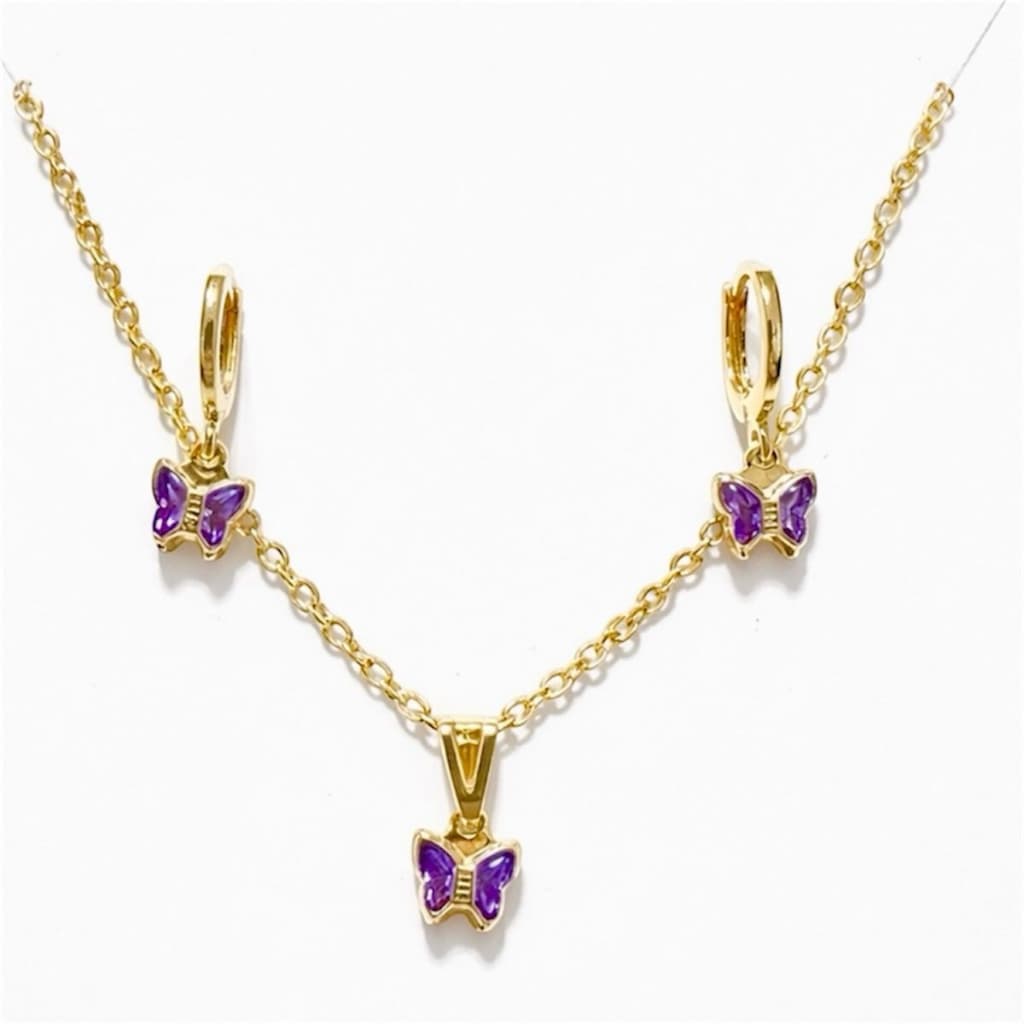 Conjunto Antialérgico Infantil Colar e Brinco Borboleta Roxo No Ouro 18k Prata 925 Conjunto Infantil