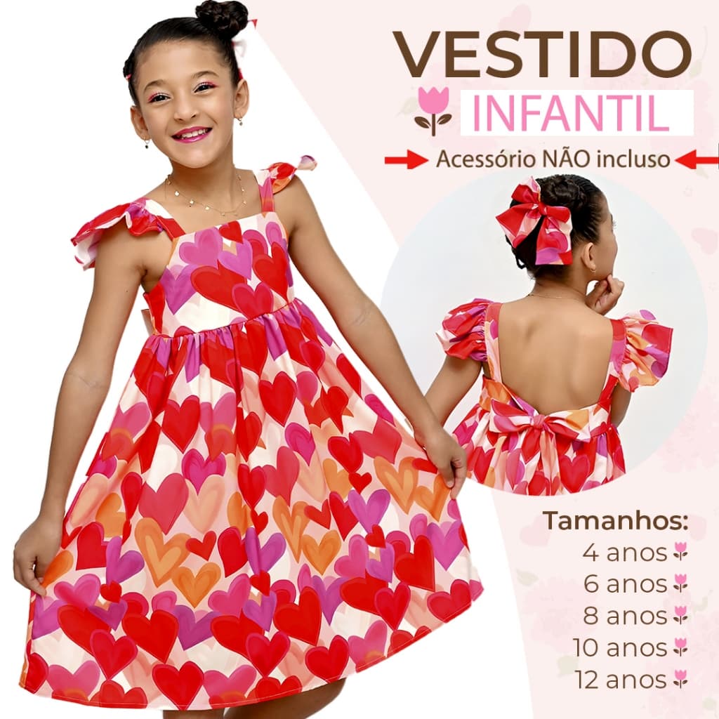 Vestido Coracão Novo Infantil/Juvenil Confortável Exclusivo Lançamento 4 a 12 anos