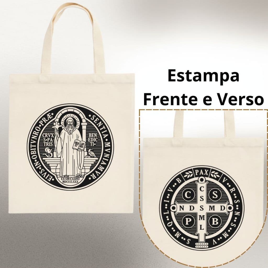 Bolsa Ecobag São Bento Bege - Proteção e Fé Estampa - Sacola Ecológica 100% Algodão 32x38cm