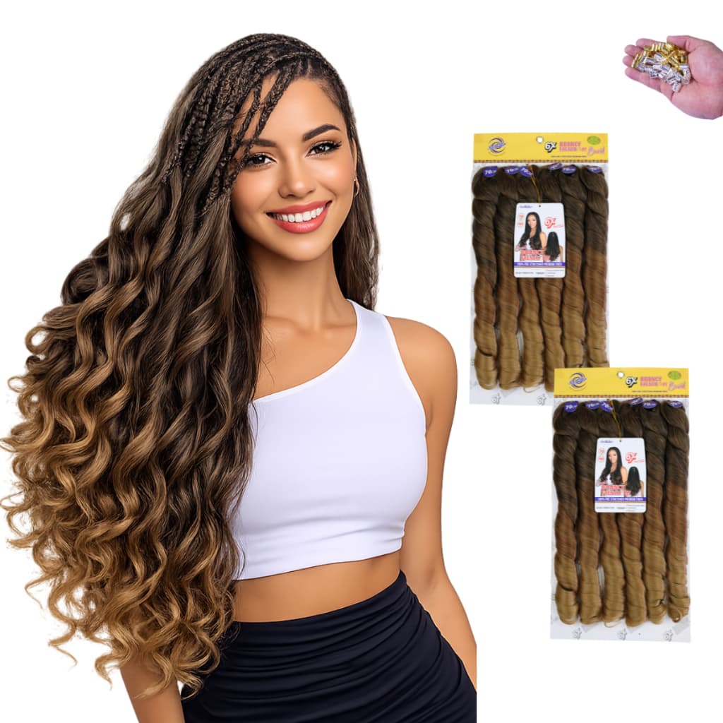 Kit 2 Cabelo Bounce French Curl Ser Mulher 480gr 70cm + Anel Para Trança Fibra Premium Pré-Esticada