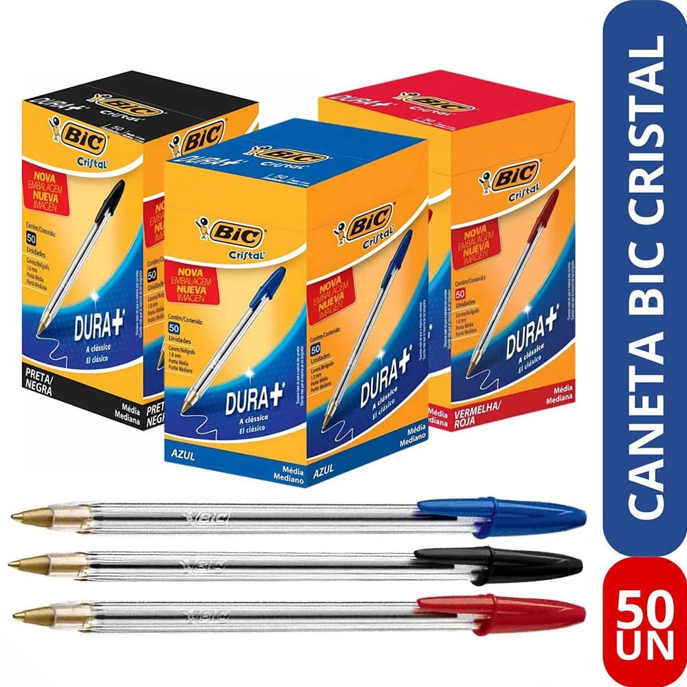 Kit Canetas Bic Cristal Azul Esferográficas Caixa Com 50 Unidades Esfero Dura + 1.00mm Longa Duração