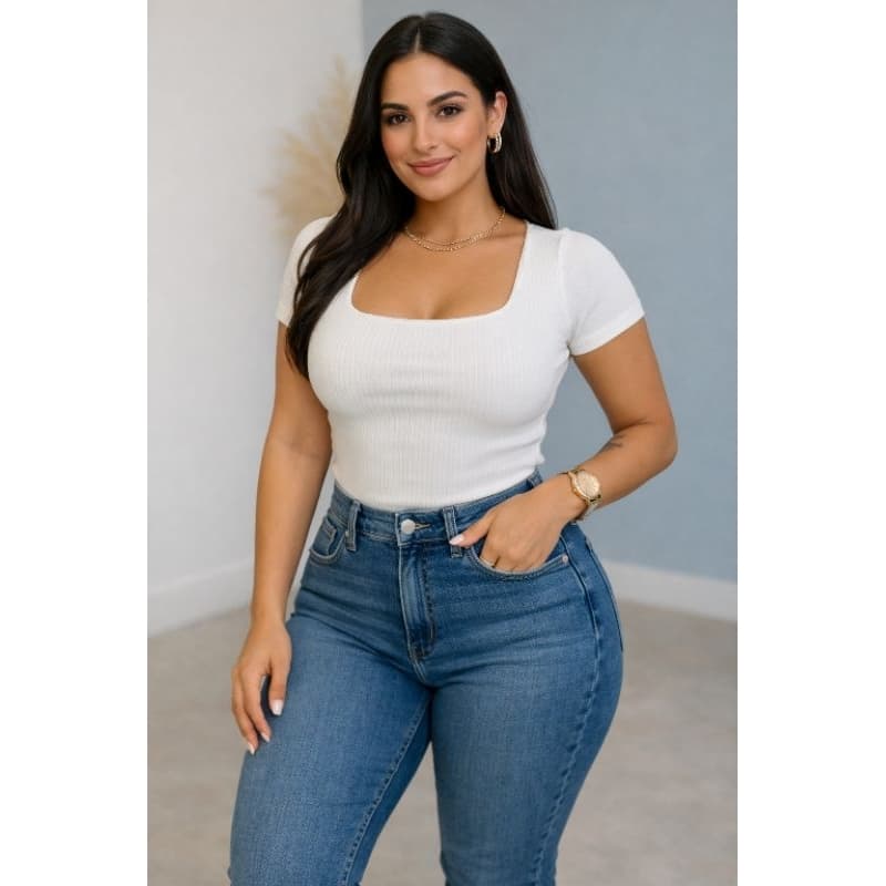 Blusa Femininas Gola Quadrada Canelada Ajustada