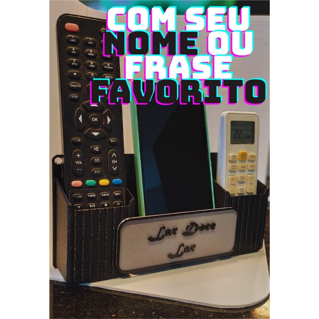 Suporte Parede 2 Controles e Celular c/ FRASE • Universal Personalizável • - CHEGA DE BAGUNÇA!