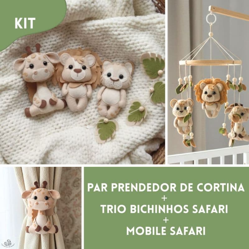 Kit Decoração Quarto Bebê Safari - Móbile, Prendedor de Cortina e Bichinhos de Feltro