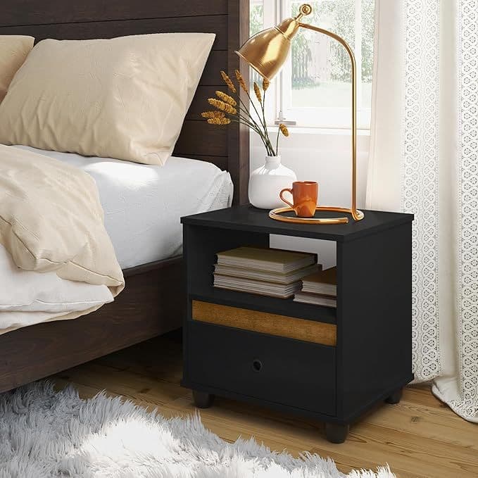 Mesa de Cabeceira Quarto Mesinha Apoio e Lateral para Cama 1 Gaveta Nicho Decoração Retrô Box Preto