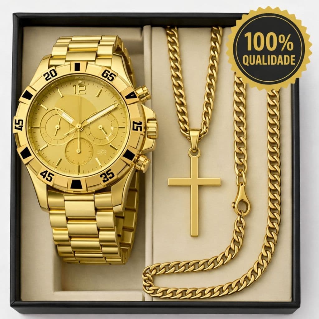 Relógio Masculino Original + Corrente Banhada + Pulseira Premium Para Pai Namorado