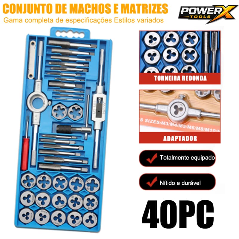 POWERX Jogo de Tarrachas e Cossinetes 40 Peças com Maleta–Kit Macho e Fêmea para Roscas e Manutenção