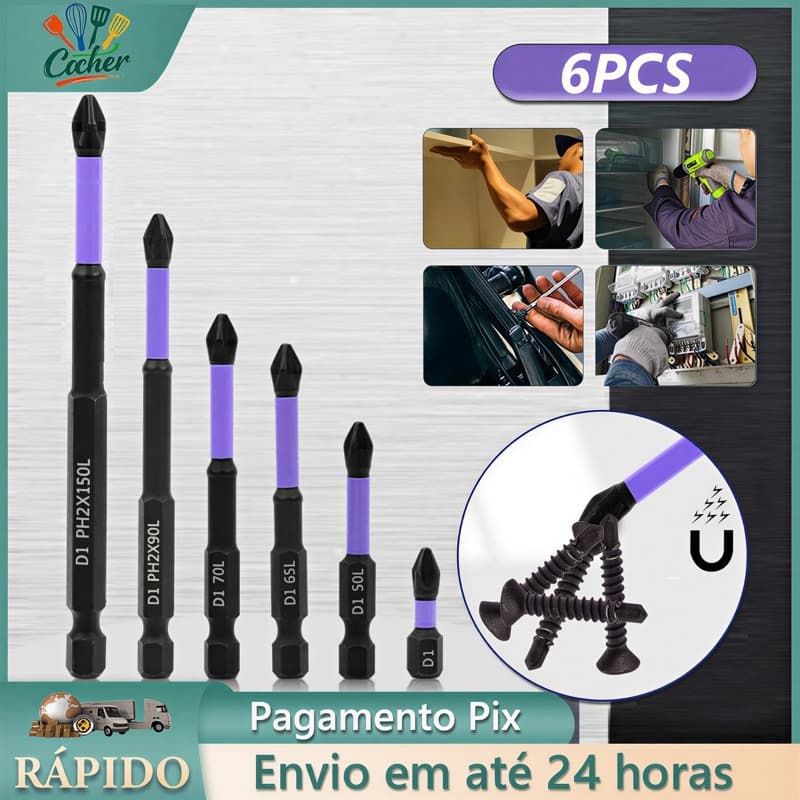 Jogo 6 Ponteiras Philips Magnéticos PH2 de Impacto Anti Derrapante Parafusadeira Bits Cruzado