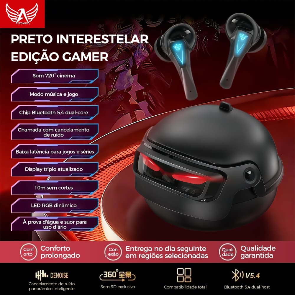 Altomex Fone De Ouvido Sem Fio Gamer, Bluetooth 5.3 PRETO Caixinha Capacete