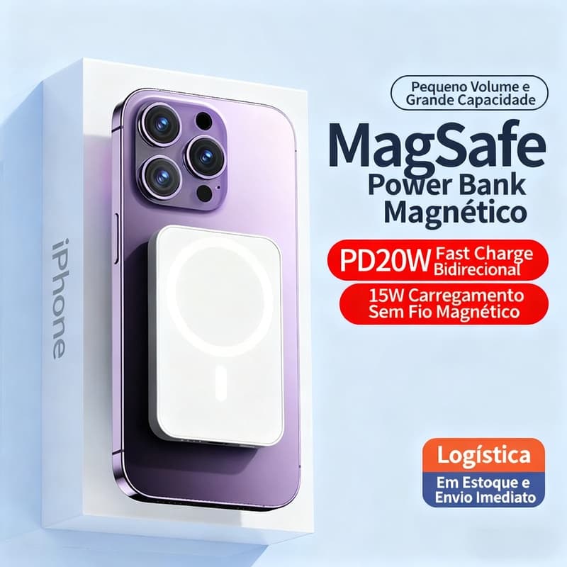 Ultra Fino Power Bank 20W 5000mAh - Carregamento Magnético Sem Fio Rápido